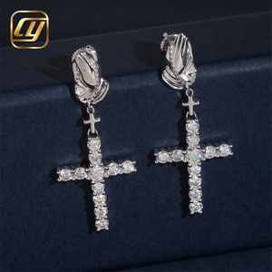 Boucles d'oreilles pendantes en argent S925 avec moissanite, motif mains en prière et croix, style Hip Hop, bijoux sertis de diamants pour hommes et femmes - Product Image 4