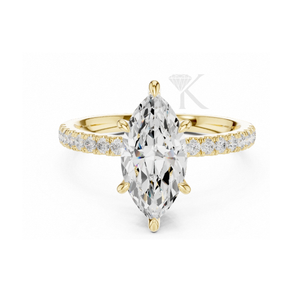 Anillo de compromiso con corte marquesa, banda de oro amarillo con diamantes pavé, halo oculto, anillo nupcial llamativo, anillo de promesa de 6 puntas, elegante - Product Image 1