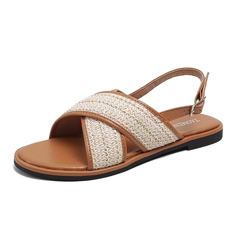 Woven surface cross buckle strap sandals round open toe women platform sandals for outer wear summer slippers