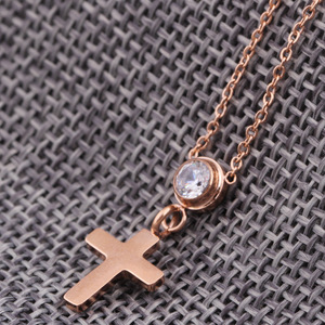 <b>Cross</b> Necklace Stainless Steel 20MM Bezel Set Zircon Pendant Couple Clavicle <b>Chain</b> Everyday Wear Rose Gold Silver - Product Image 4