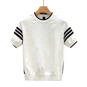 Men's White <b>Raglan</b> Sleeve Knitted T-Shirt O-Neck Contrast Trim Regular Fit Casual Short Sleeve Polyester/Cotton 180g - Product Image 1