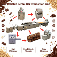 Ligne de production intégrée de barres granola, incluant un mélangeur, un formeur, un coupeur et une machine à enrober de chocolat