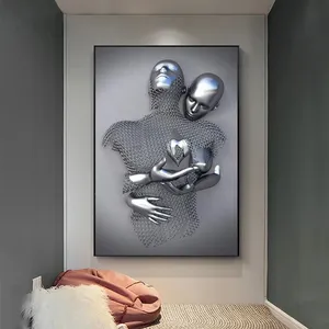 מודרני מאהב לב מתכת פסל 3D אמנות בד ציור רומנטי פיסול הדפסת פוסטר קיר אמנות תמונה לסלון דקור