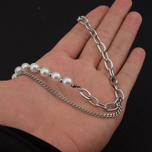 Simple Light Luxury <b>Titanium</b> Steel Spliced Pearl <b>Chain</b> Necklace Silver Plated Popular Men's Necklaces Fashion Jewelry Wholesale - Product Image 2