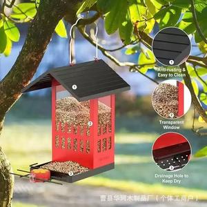 Mangeoire à oiseaux en bois 3,4 L, suspendue, pour jardin extérieur, avec fenêtre transparente et trou de drainage pour les oiseaux - Product Image 1