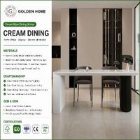 Meubles de cuisine modulaires écologiques et modernes de couleur crème |   Design beige sans poignée |   Écran LED en verre à lumière chaude |   Table asymétrique |