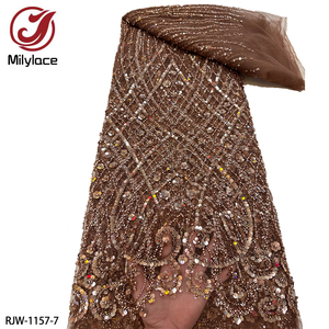 ブライダルゴールドヘビーハンドメイドビーズ刺繍フレンチレース生地高級スパンコールビーズレース生地ウェディングドレス用 - Product Image 2