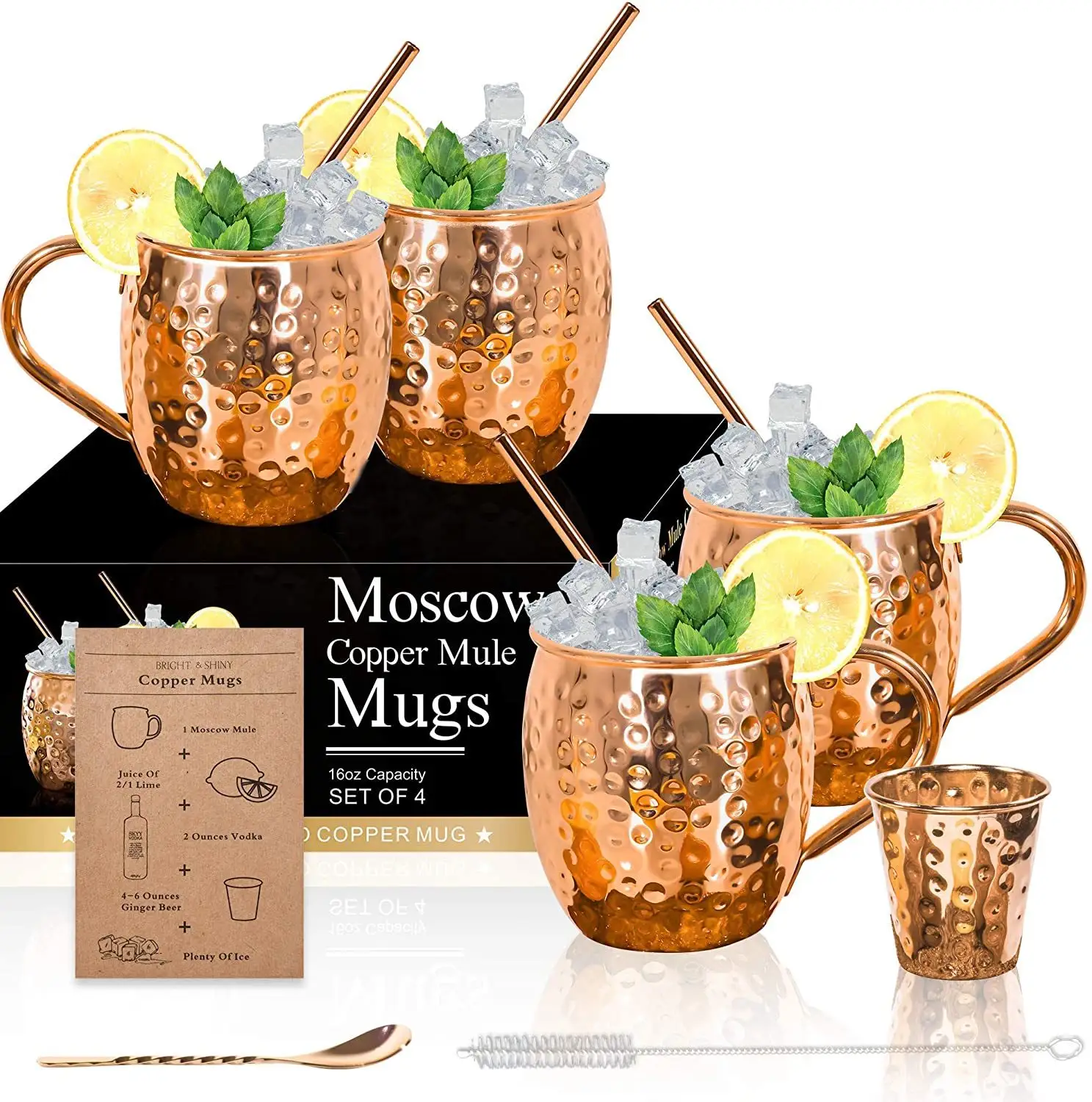Moscow w Mule-tazas de cobre de 18 oz, Juego de 4. Con posavasos de mármol Real, tazas de cobre hechas a mano para comida pura segura, 100%