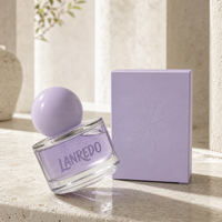 Flacon de parfum mini en verre transparent élégant, rond, vide, de 30 ml, 50 ml, 100 ml, avec bouchon à sertir et boîte, avec capuchon à bille violet