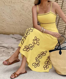 Yellow Embroidered Spaghetti Strap Midi <b>Dress</b> <b>Boho</b> Style Fitted Sheath <b>Summer</b> Casual Women's Floral Print Woven <b>Dress</b> - Product Image 2