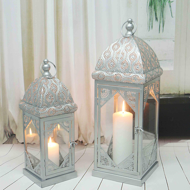 Set of 2 European Home Decorative Classic Silver Metal Lantern