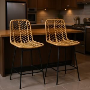 Taburetes de bar de mimbre y ratán con estructura de acero, altura de mostrador, diseño moderno, juego de muebles comerciales de 2 unidades - Product Image 2