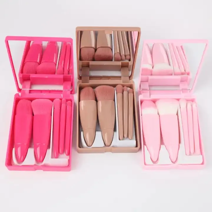 High quality travel makeup brush set 5 pcs mini for easy carrying with mirror led in box makeup brush set