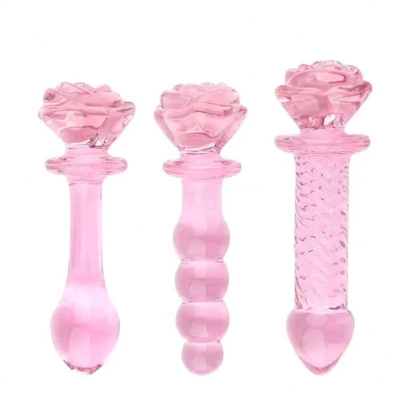 3 estilos Anal plug Glass Sexy regalo Anal Crystal Dildo Rose Shaped Glass Butt Plug Pink-Glass Anus Butt Sex Toys para hombre mujer