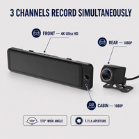 Caméra de tableau de bord 3 canaux avec écran tactile 11 pouces 4K, vision avant, arrière et habitacle, WDR, WiFi, streaming multimédia, DVR pour voiture