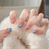 Faux ongles carrés bleu dégradé rêveur, avec fleurs et perles, réutilisables en ABS, pour femmes, style romantique et doux