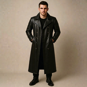 Men's Black Sheepskin Leather Trench Coat - Product Image 1