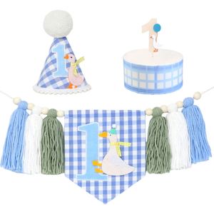 Bannière à pompons en fil de laine style carreaux bleus pour 1er <span class=keywords><strong>anniversaire</strong></span> 2026 – Fournitures de décoration pour fête du 1er <span class=keywords><strong>anniversaire</strong></span> - Product Image 6