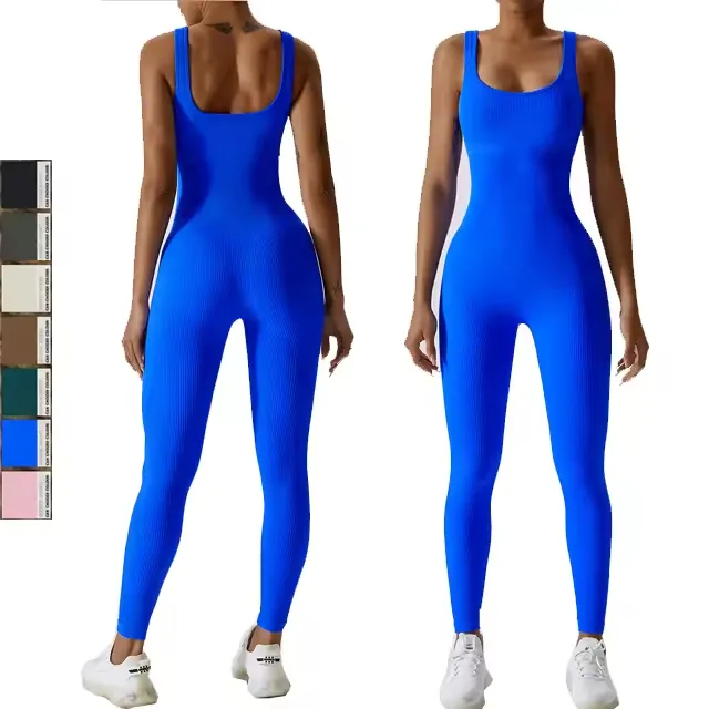 Sıcak satış dikişsiz tek parça kadın tulum Bodysuits nervürlü naylon Spandex spor kumaş uzun egzersiz tulumlar