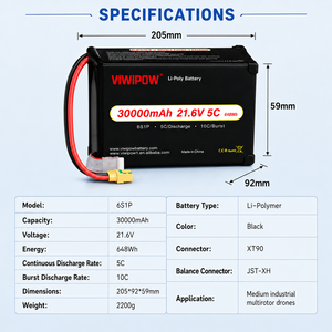 Batterie au lithium polymère haute capacité 30000mAh 21.6V 5C 320Wh/kg avec connecteur personnalisé pour drone de transport lourd, logistique VTOL UAV - Product Image 2