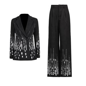 Oudina สูทเบลเซอร์ปกเลื่อมแขนยาวสำหรับผู้หญิง, ชุดสูท2ชิ้นกางเกงลำลองทรงตรงหรูหรามีสไตล์ - Product Image 1