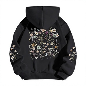 Sudadera con Capucha Negra Unisex, Bordado Floral en la Manga Izquierda, Estilo Holgado Informal, Felpa de Algodón, Ropa de Otoño - Product Image 2