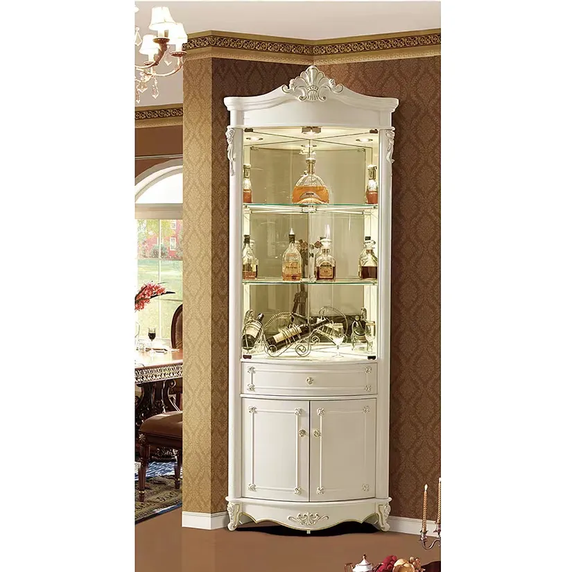 Europe Classic Style White Wine Cabinet Living Room Furniture Glass Door Wooden Luxury Display Wine Cabinet