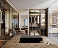 Armoire de chambre moderne autoportante avec portes vitrées, éclairage réglable et miroir pleine longueur – Conception gratuite