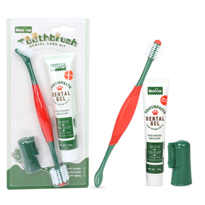 Kit de higiene bucal para mascotas 3 en 1 con sabores de vainilla/Carne, juego de limpieza para el cuidado bucal de perros con cepillo de dientes de doble extremo, cepillo de dedos, pasta de dientes - Product Image 1