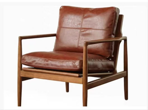 Sillón de Cuero Moderno de Mediados de Siglo con Estructura de Madera, Respaldo Sólido, Silla para Sala de Estar, Tapicería de Cuero Genuino Duradero - Product Image 2