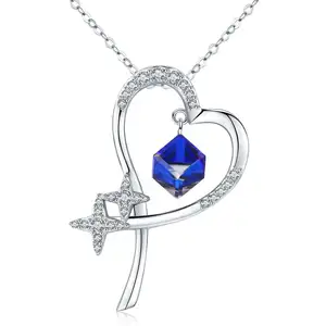 BAGREER SCN323 Custom square blue austrian crysta with cz stone heart silver pendant necklace women jewelry