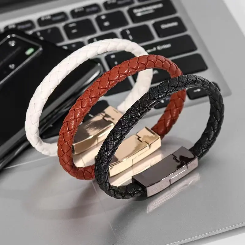 Wholesale popular bracelet data cable, portable bracelet data cable, leather woven charging cable Pu Leather Usb 20CM 22.5CM