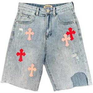 Pantalones cortos vaqueros rasgados y dañados Y2K de verano con diseño personalizado High Street Cross patch con bordado Bermudas Shorts Jeans