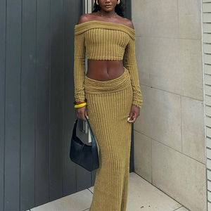 New High Elastic Fabric Off Shoulder Long Sleeve Striped Dress 2 Piece Set for Women Fashion - Product Image 1