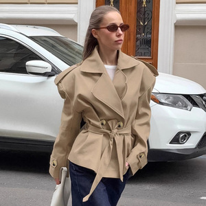 <span class=keywords><strong>Manteau</strong></span> trench décontracté <span class=keywords><strong>mi</strong></span>-<span class=keywords><strong>long</strong></span> kaki à col cranté et ceinture nouée, nouvelle collection automne 2025 pour <span class=keywords><strong>femme</strong></span> - Product Image 1