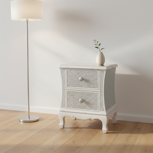 Cute Distressed White Nightstand 2 Drawers Crushed Diamond End <strong>Table</strong> Crackled Glass New Design Bedroom Side <strong>Table</strong> White Trims - Product Image 2