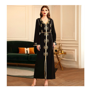 SIPO industrie lourde or-bord col en v Tube Abaya cousu à la main strass Robe perles perceuse motif pour moyen-orient fête festive - Product Image 1