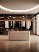 Kampferholz-Einbauschranksystem mit drehbaren Eckelementen, geräuscharmen Soft-Close-Türen und Induktions-Warmlicht für Schlafzimmermöbel