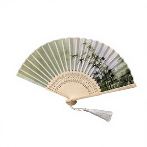 Handmade Wood Folding <b>Fan</b> with Bamboo Pattern and <b>White</b> Tassel Modern Painted Design Art Collectible Decor - Product Image 1