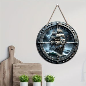 Mediterranean-style wall decorations, European-style restaurant wall ornaments, wooden <b>ship's</b> <b>wheel</b> plaques, helmsman sail - Product Image 3