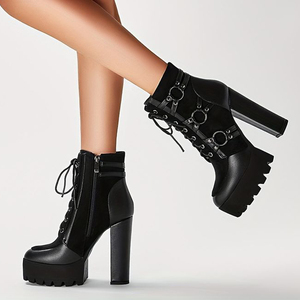 Front Lace up <b>Round</b> <b>Toe</b> Short Booties Women Side Zipper Ankle Boots Metal Buckles Chunky <b>Heels</b> Shoes - Product Image 2
