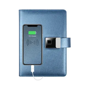 Security lock a5 PU leather fingerprint lock notebook with powerbank chargeable digital unlock note book power bank