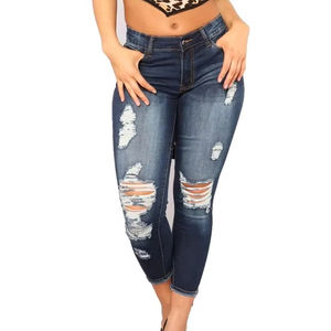 Jean skinny pour femme grande taille, respirant, en denim écologique, extensible, déchiré, décontracté, taille haute, coupe crayon - Product Image 1