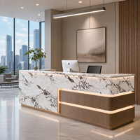 Bureau de réception multi-niveaux de luxe en marbre et bois contrastant avec bande LED pour bureau ou salon