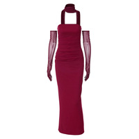 Robe longue moulante élégante pour femme, style Y2K, avec foulard, sans bretelles, en maille unie, avec gants, pour bal de promo, tenue de soirée, mariage, anniversaire