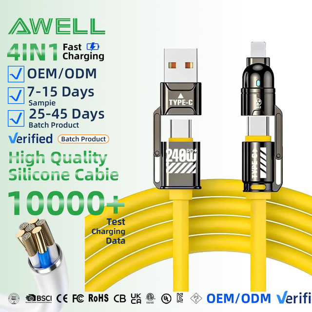 Wholesale 240W 4-In-1 USB C Cable with PD 3.1 Liquid Silicone Fast Charging for iPhone 17 16 and MacBook Pro Laptop