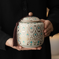 Boîte à thé en céramique à motif mandala bohème, incrustée d'or, pot de conservation hermétique avec bouton en bois et couvercle à pompon