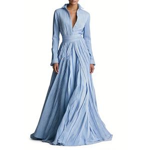 Vestido Camisero Largo a Rayas Azules y Blancas para Mujer, con Botones, Manga Larga, Cinturón, Estilo Casual, Moda Sehe - Product Image 4