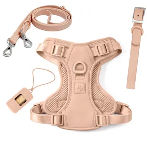 Collier de chien réglable de luxe, laisse et harnais ensemble fabricant de harnais pour chien en PVC avec logo personnalisé sans traction ensemble de harnais pour chien avec porte-sac à crottes