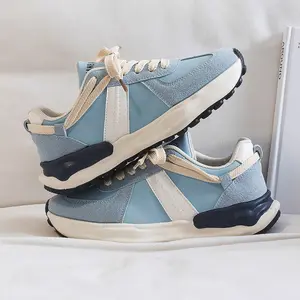 Chaussures de sport en cuir microfibre blanc Beige bleu à lacets, semelles épaisses personnalisées à la mode, chaussures de sport pour filles
